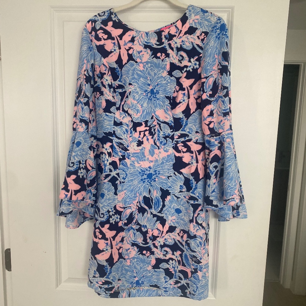 Lilly Pulitzer Kayla Blue and Pink Bell Sleeve Dress Size 4